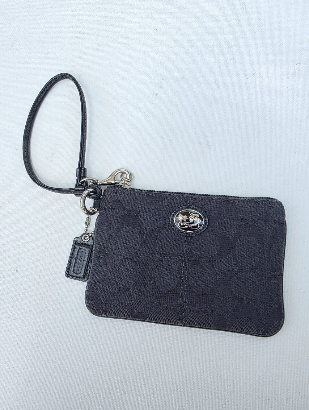 Coach Black Signature Jacquard Wristlet with Carriage Medallion